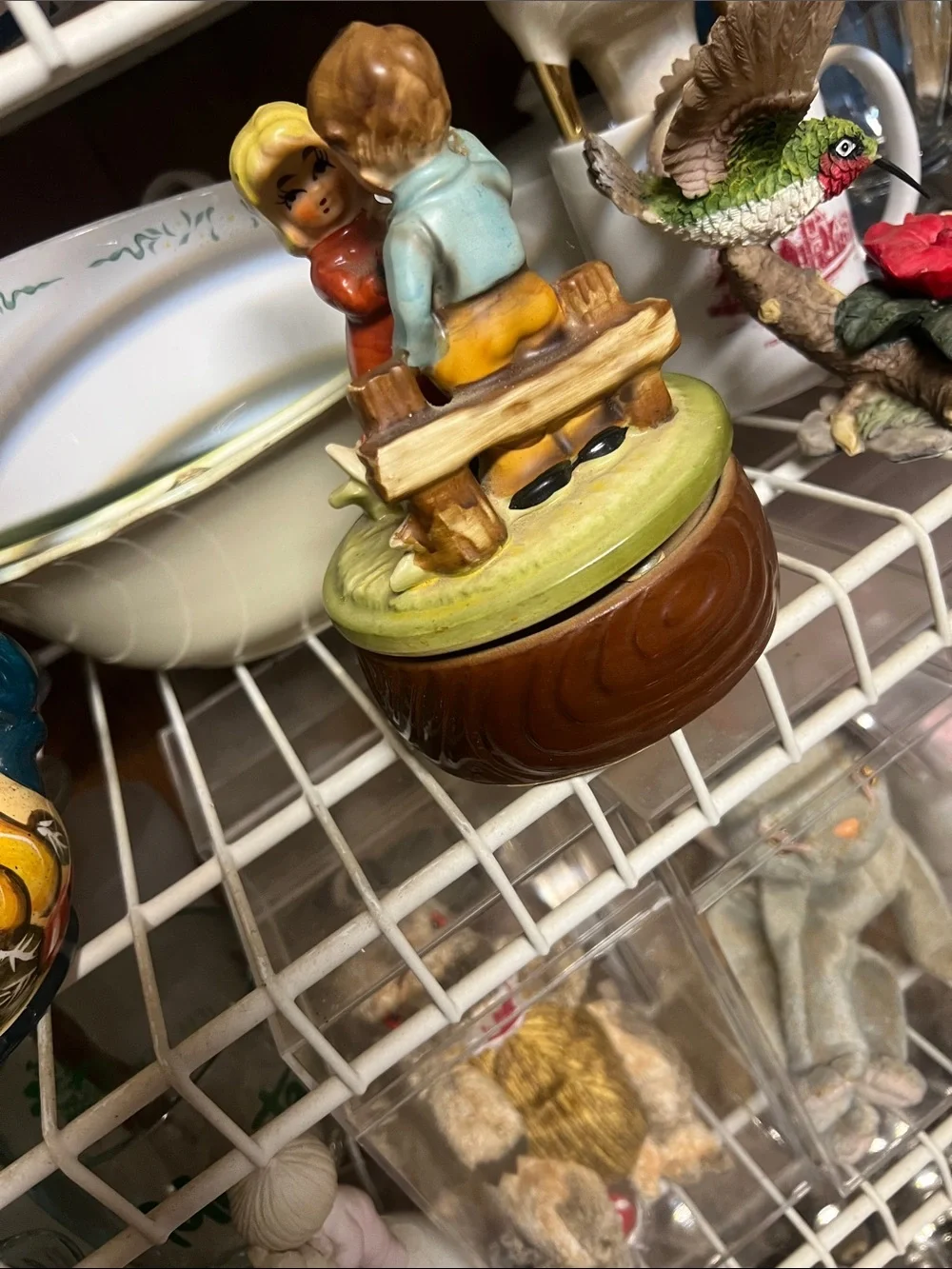 Vintage Hand-Painted Ceramic Boy and Girl Music Box - Orange & Green